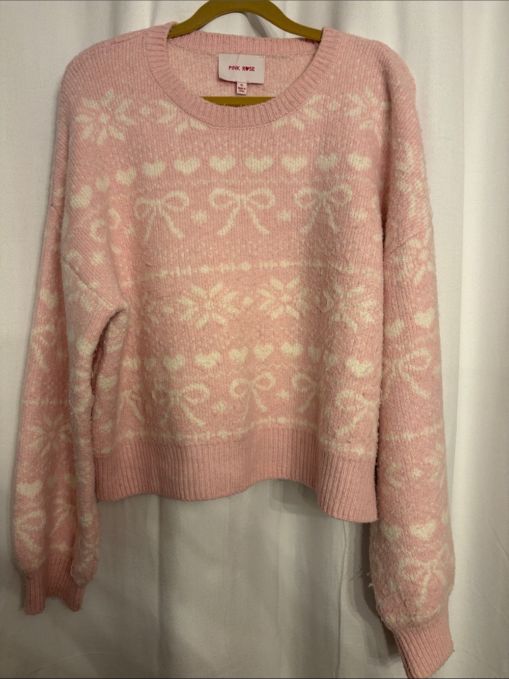 Pink Rose Pastel Pink & White Bow Heart Jacquard Crewneck Sweater